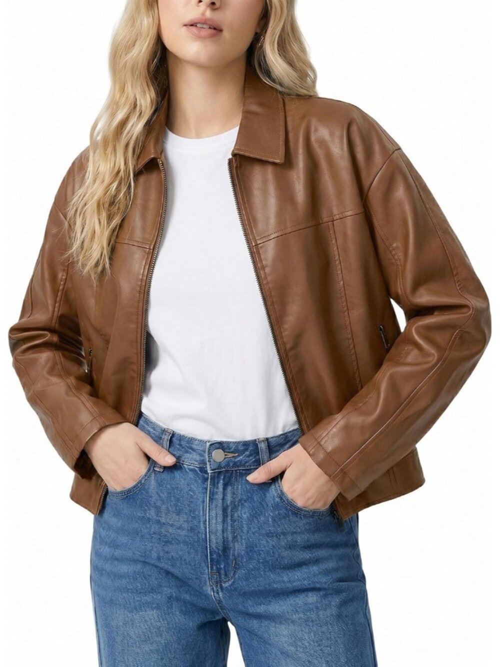 Women's Brown Faux Leather Long Sleeve Casual ZIP Up Outfits Motorcycle Jackets